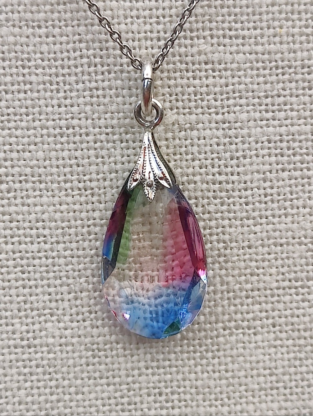 Vintage Sterling Iris Glass Pendant Necklace